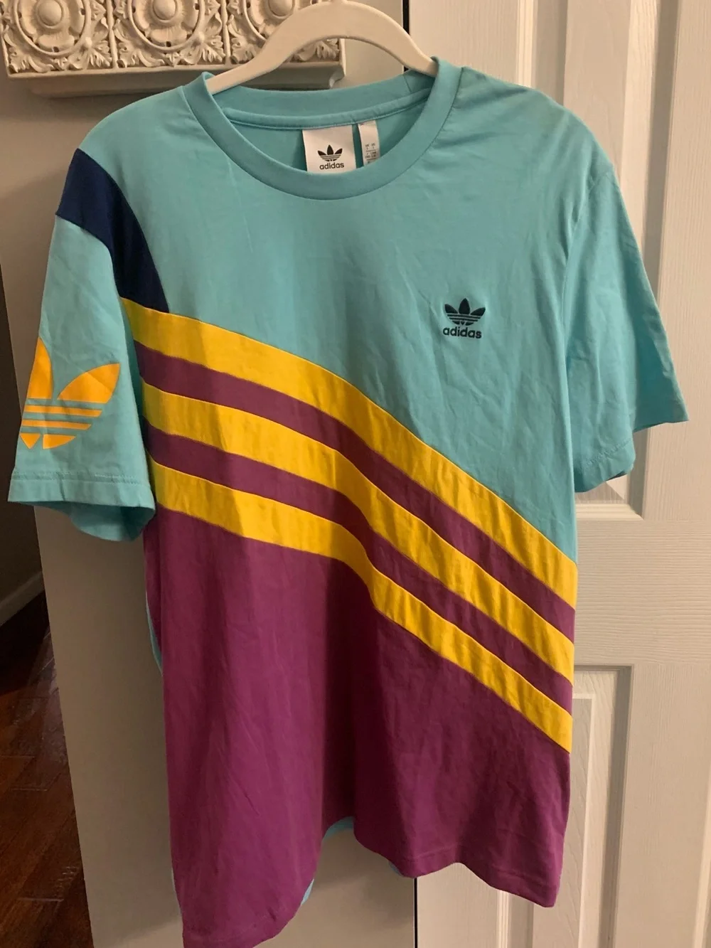adidas Teal, Purple & Yellow Diagonal Stripe Short Sleeve Tee NWT - L